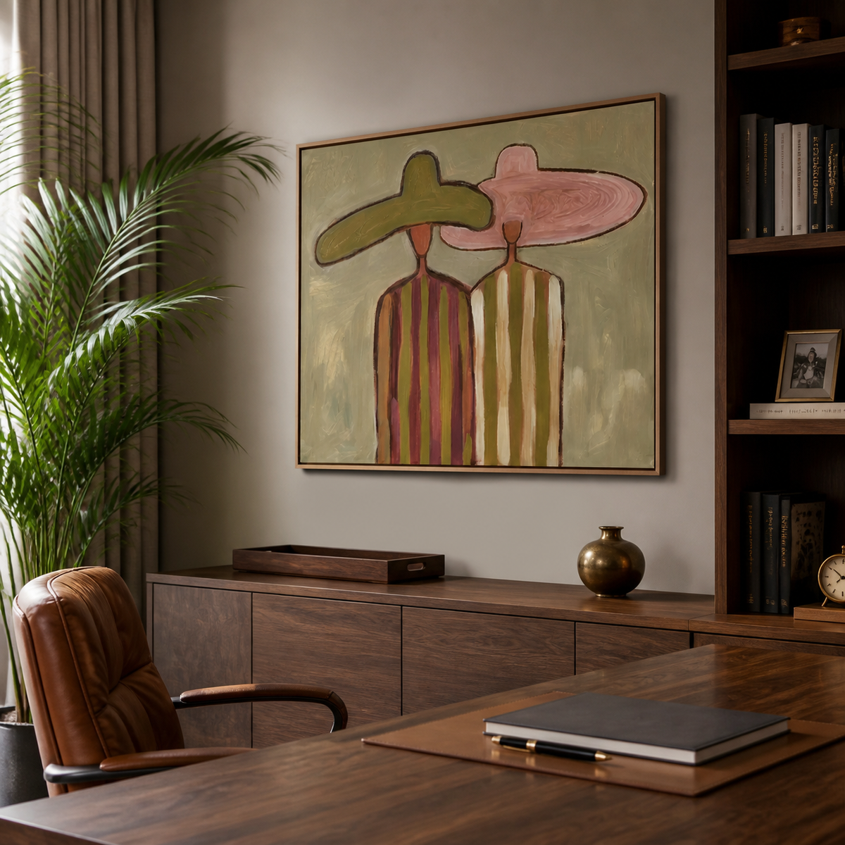 Horizontal Western wall art of two cowboys in olive and pink hats displayed above a neutral living room sofa.
