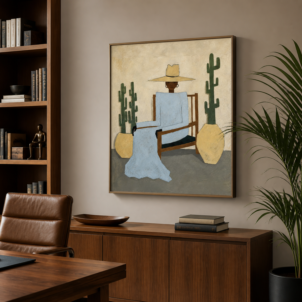 Seated cowboy wall art with a pale-blue figure, cactus plants and yellow pots displayed above a neutral sofa.
