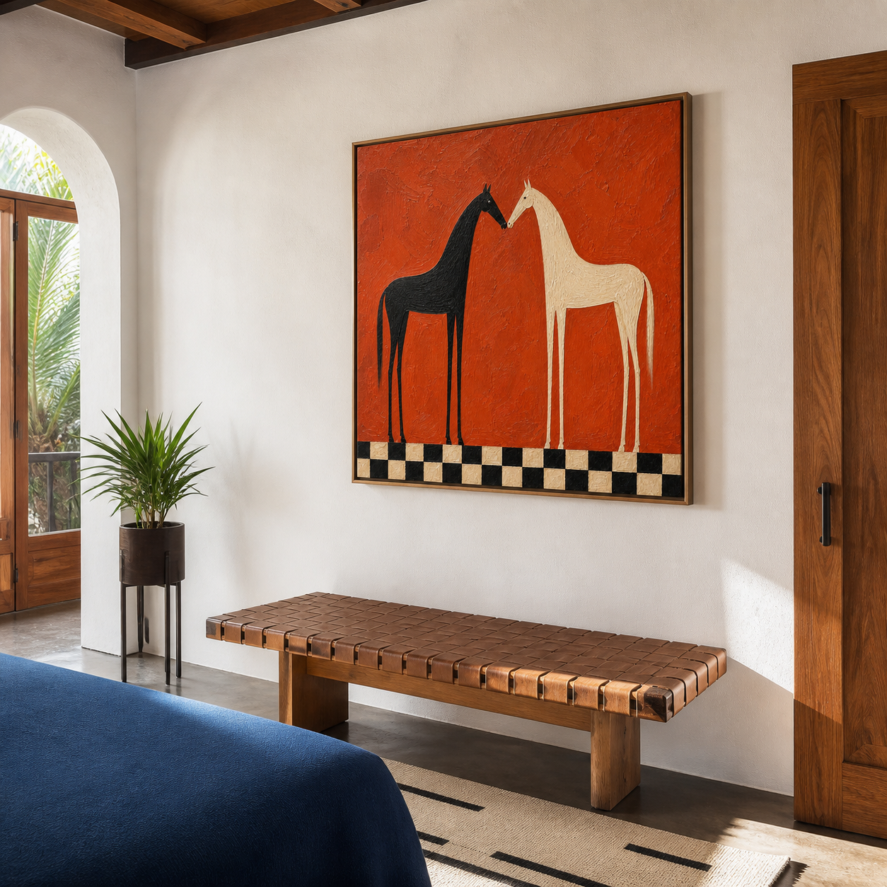 Vintage Americana horse wall art featuring black and white horses facing each other above a checkerboard border on a burnt orange background.