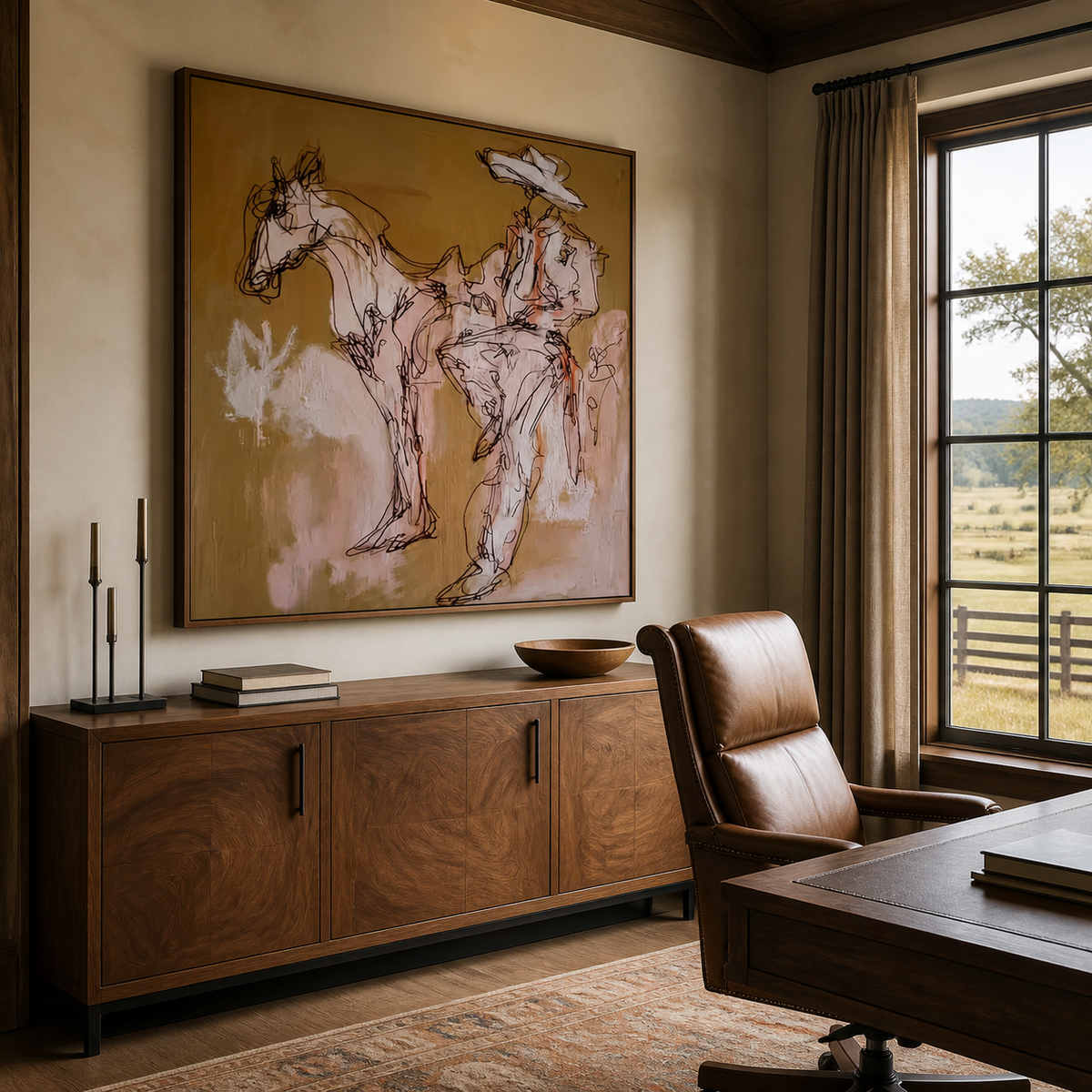Cowboy Riding Horse Wall Art – Neutral Sketch Style Western Artwork
