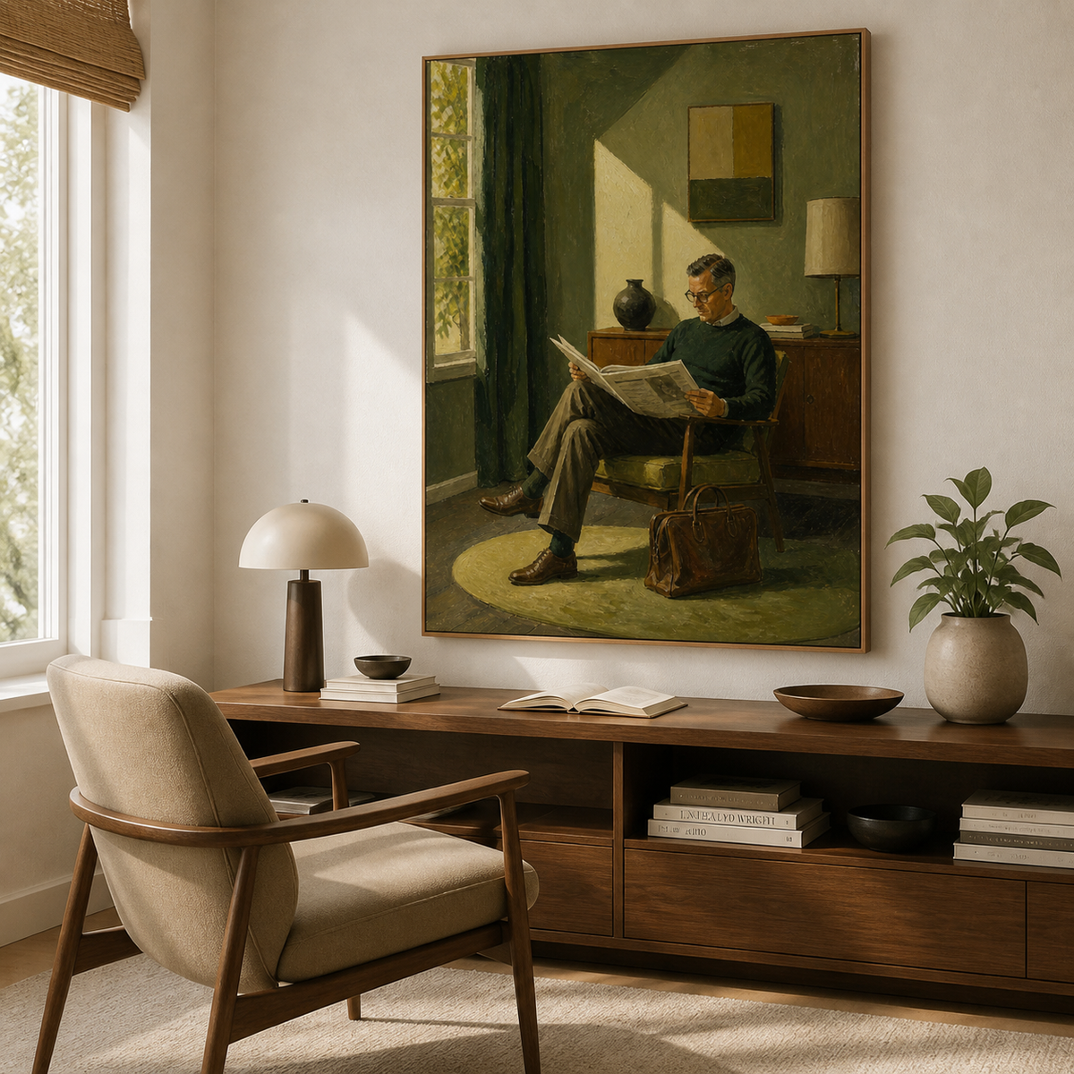 Man reading wall art featuring a bespectacled gentleman reading a newspaper in an armchair beside a brown leather briefcase.