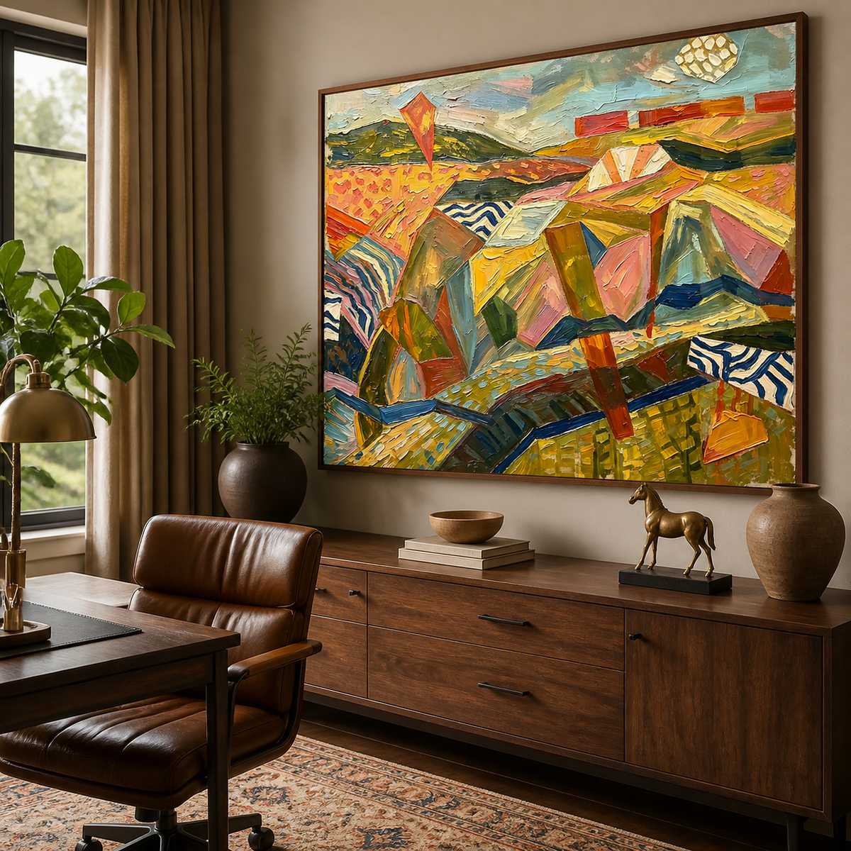 Colorful geometric mountain landscape wall art displayed above a neutral living room sofa.