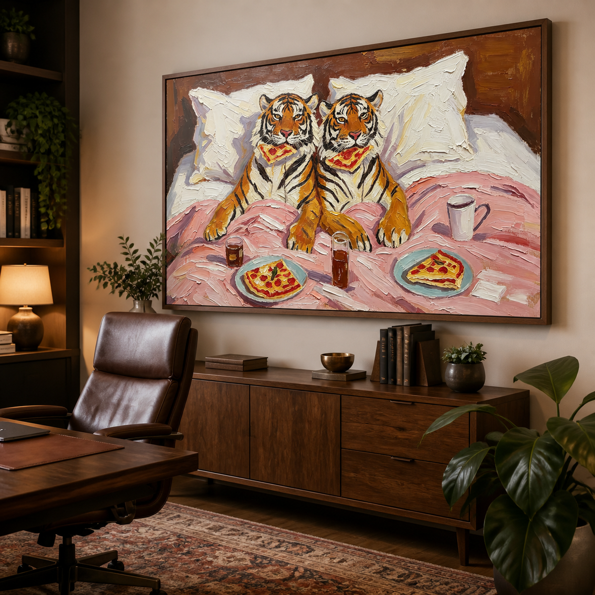 Funny tiger wall art showing two tigers in bed with pizza and drinks displayed above a neutral sofa.