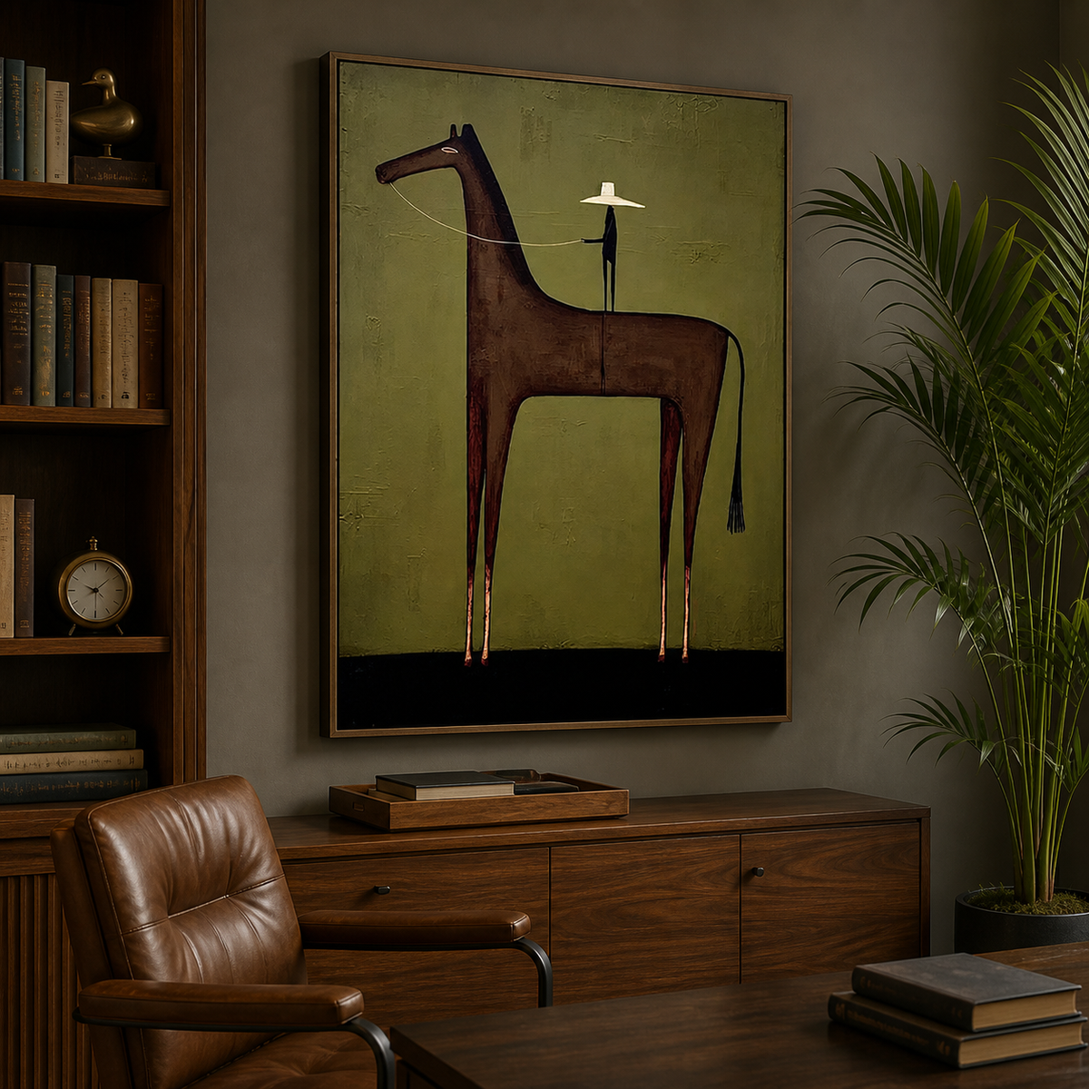 Vertical Western horse wall art with a dark brown horse and cowboy figure against an olive-green background above a sofa.