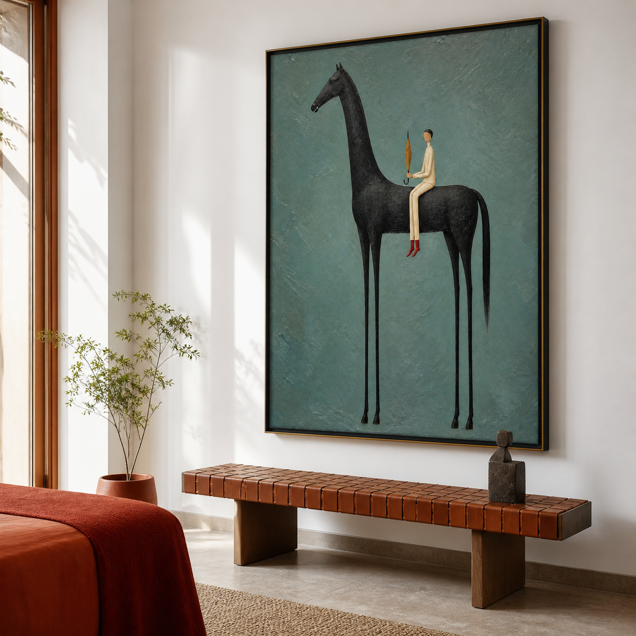 Vintage Americana black horse wall art featuring a rider with red shoes holding a small golden umbrella against a textured blue-gray background.