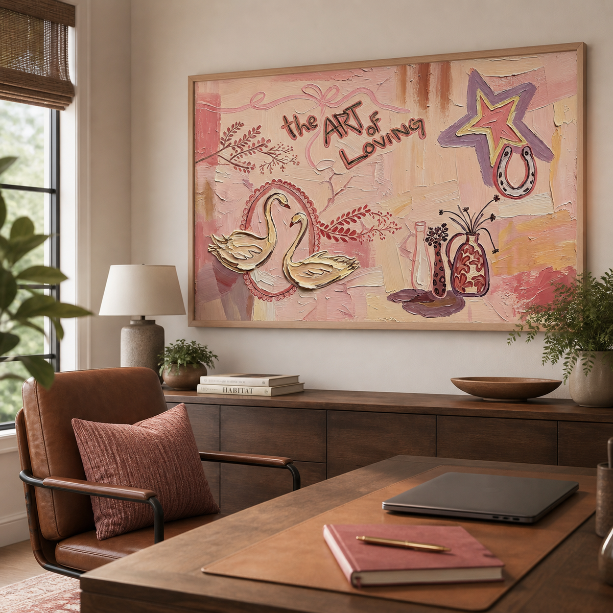 Pink swan wall art with two birds, stars and The Art of Loving lettering displayed above a neutral sofa.