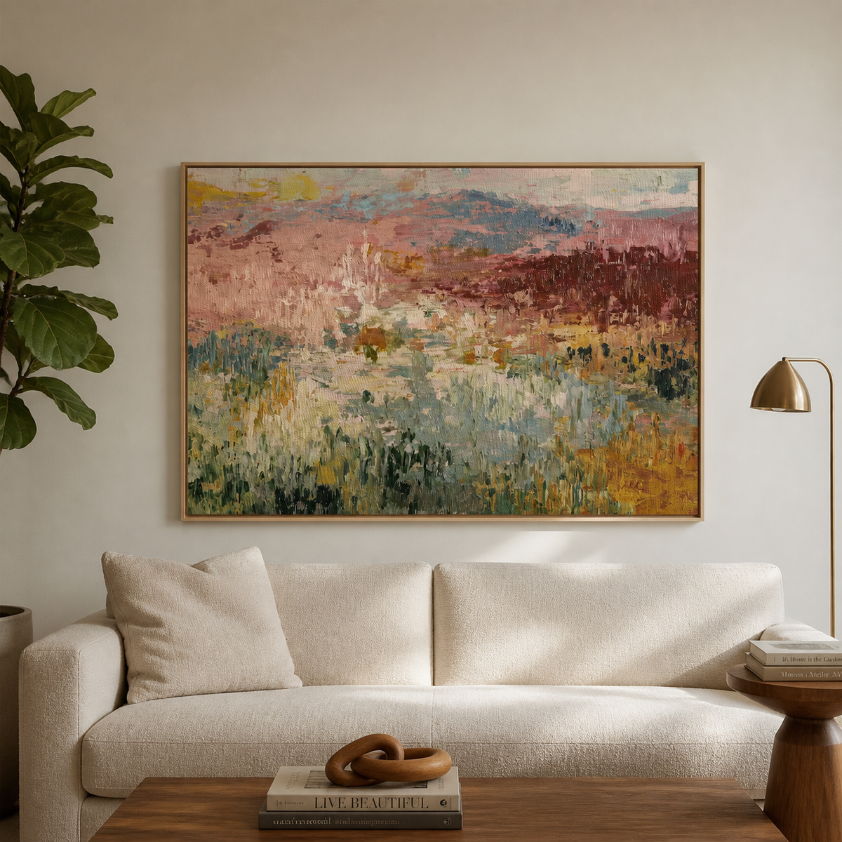 Abstract meadow wall art with textured sage green, dusty pink and ochre fields displayed above a neutral bedroom bed.