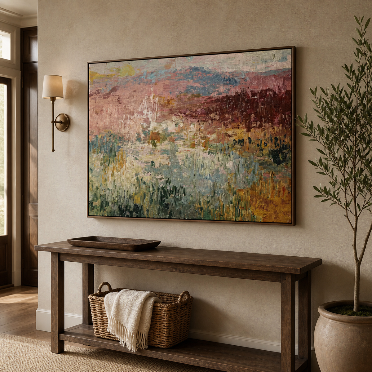 Abstract meadow wall art with textured sage green, dusty pink and ochre fields displayed above a neutral bedroom bed.
