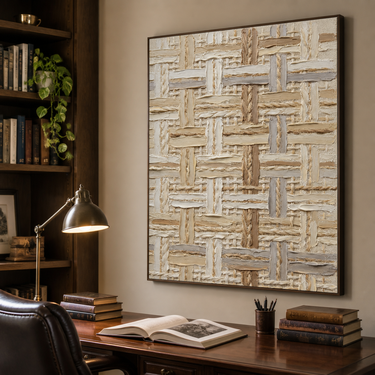 Vertical beige and cream textured abstract wall art with an interwoven geometric pattern.