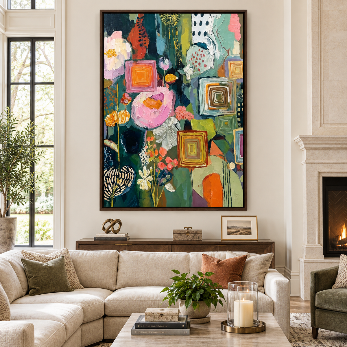 Large vertical colorful abstract wall art with flowers, geometric squares and layered pink, orange, teal and green shapes above a cream sectional sofa