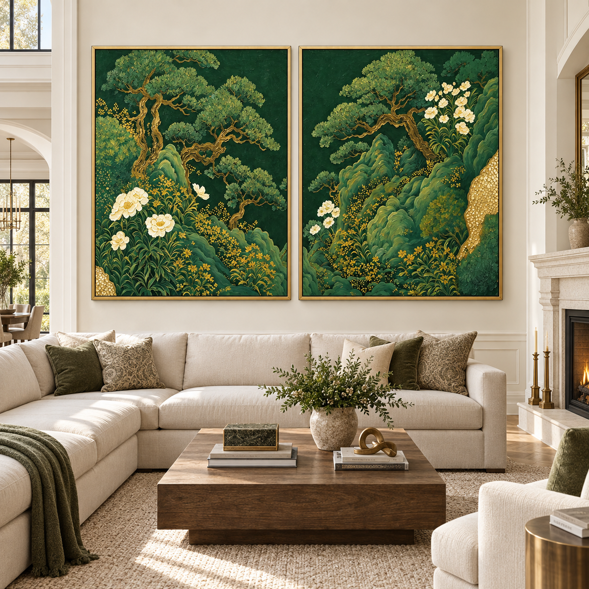 Green Botanical Wall Art Set | Emerald Garden Diptych