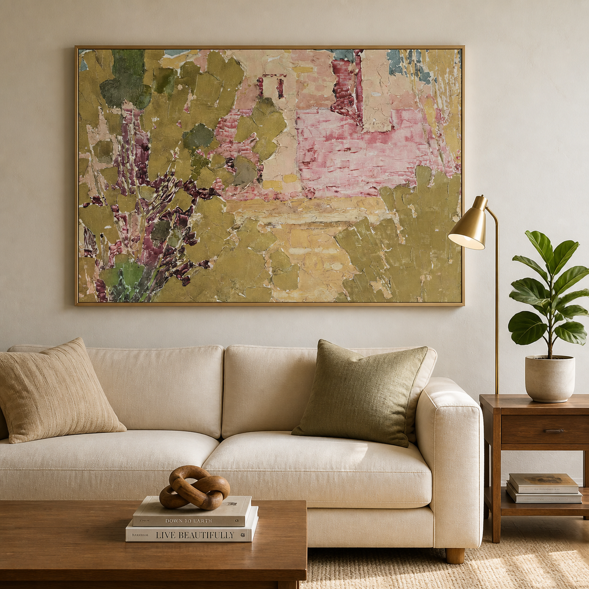 Pink and olive green textured abstract wall art with garden-inspired forms displayed above a wooden dining table.