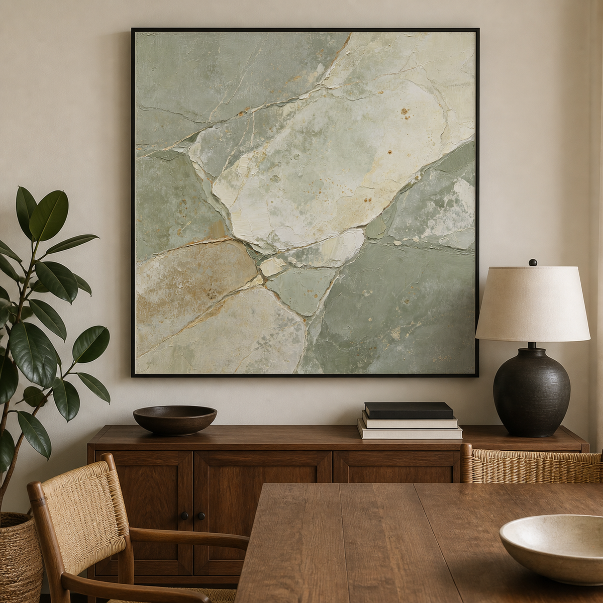 Square sage green and beige textured abstract wall art with organic stone-inspired shapes.