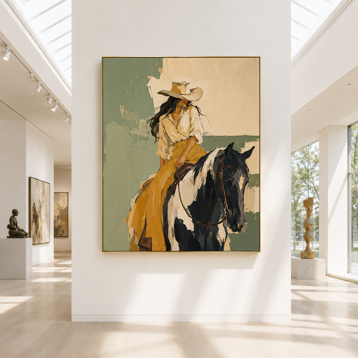 Quiet Horizon | Hand-Painted Cowgirl on Horse Wall Art | Modern Western Equestrian Oil Painting