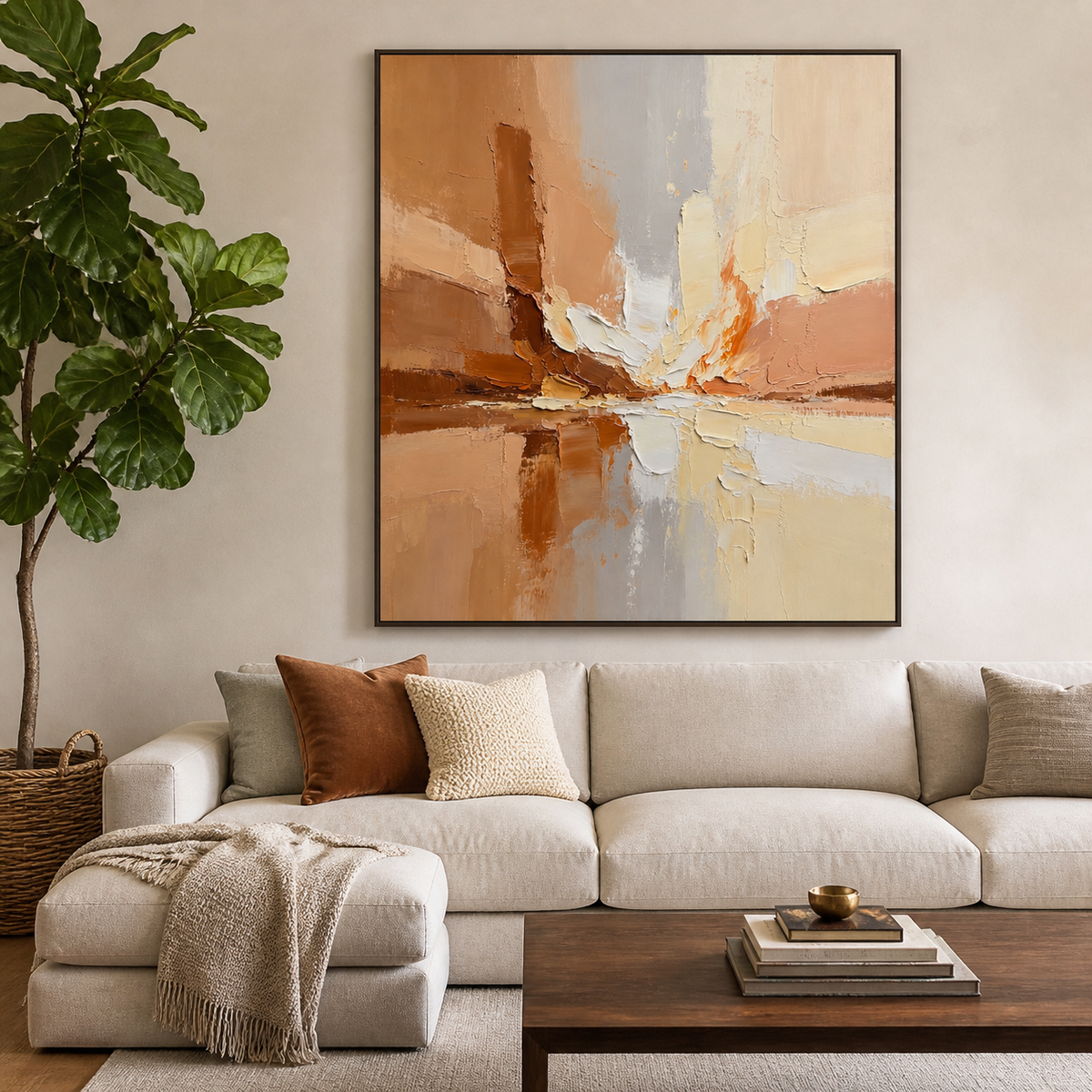 Neutral textured abstract wall art with intersecting terracotta, cream, pale gray, peach, and brown palette-knife forms.