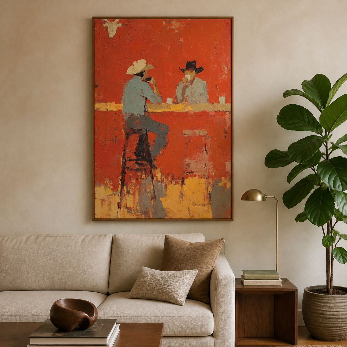 Vertical Western cowboy wall art showing two hat-wearing figures at a red-orange bar, displayed above a neutral living room sofa.
