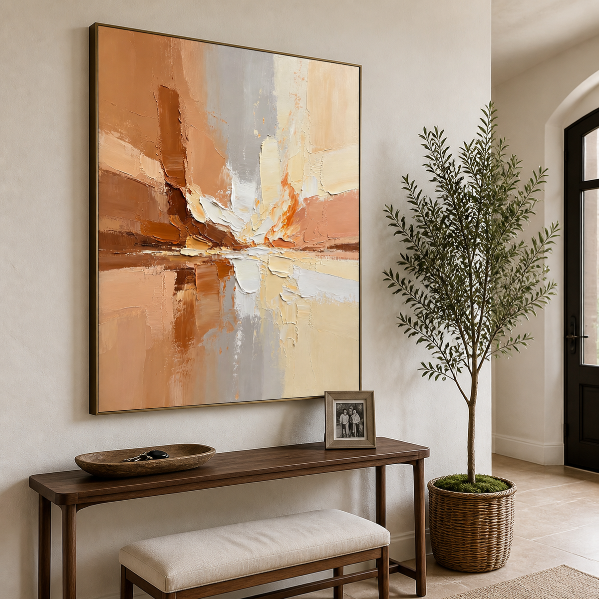 Neutral textured abstract wall art with intersecting terracotta, cream, pale gray, peach, and brown palette-knife forms.