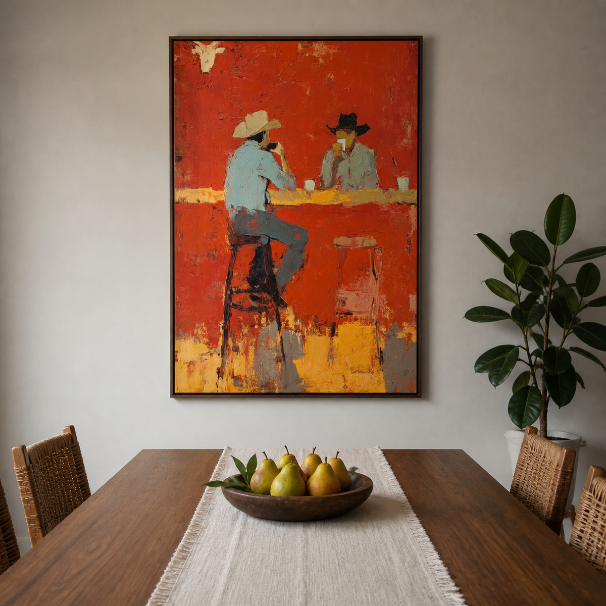 Vertical Western cowboy wall art showing two hat-wearing figures at a red-orange bar, displayed above a neutral living room sofa.