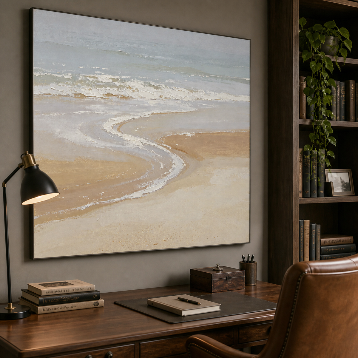 Square neutral coastal wall art with soft blue-gray ocean waves and a curved beige shoreline displayed above a wooden dining table.