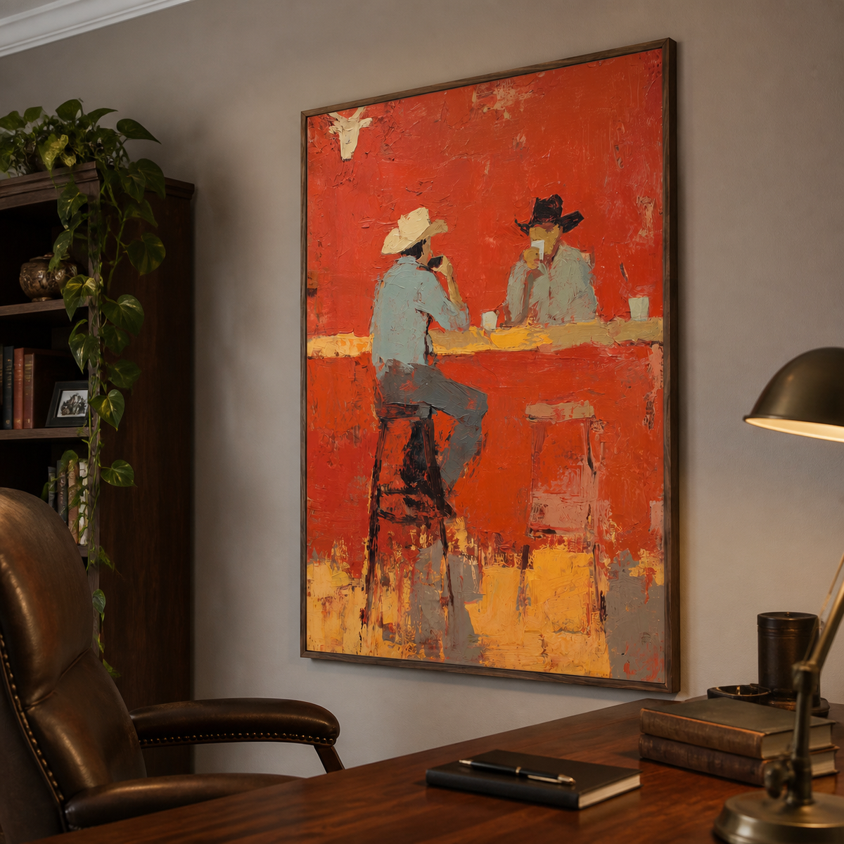 Vertical Western cowboy wall art showing two hat-wearing figures at a red-orange bar, displayed above a neutral living room sofa.