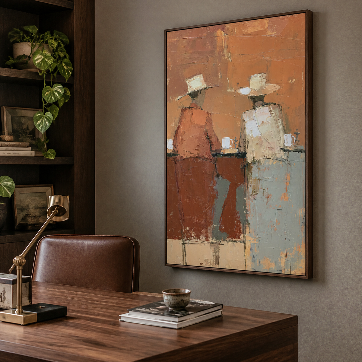 Vertical Western wall art showing two cowboys seated at a bar in orange, cream and pale blue, displayed above a wooden dining table.