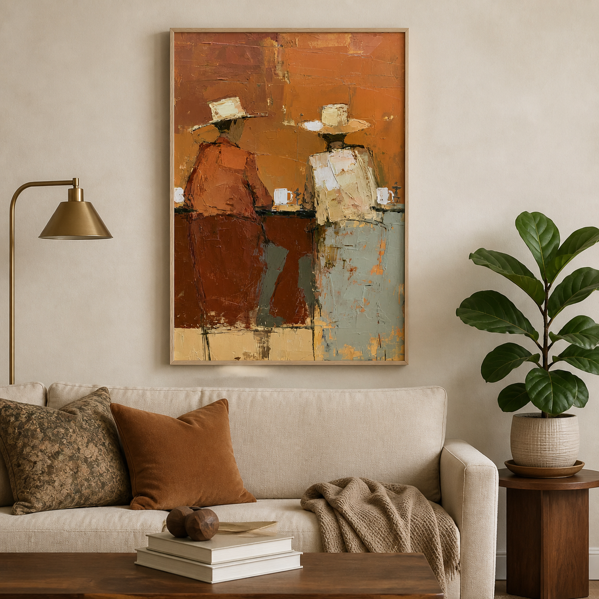 Vertical Western wall art showing two cowboys seated at a bar in orange, cream and pale blue, displayed above a wooden dining table.