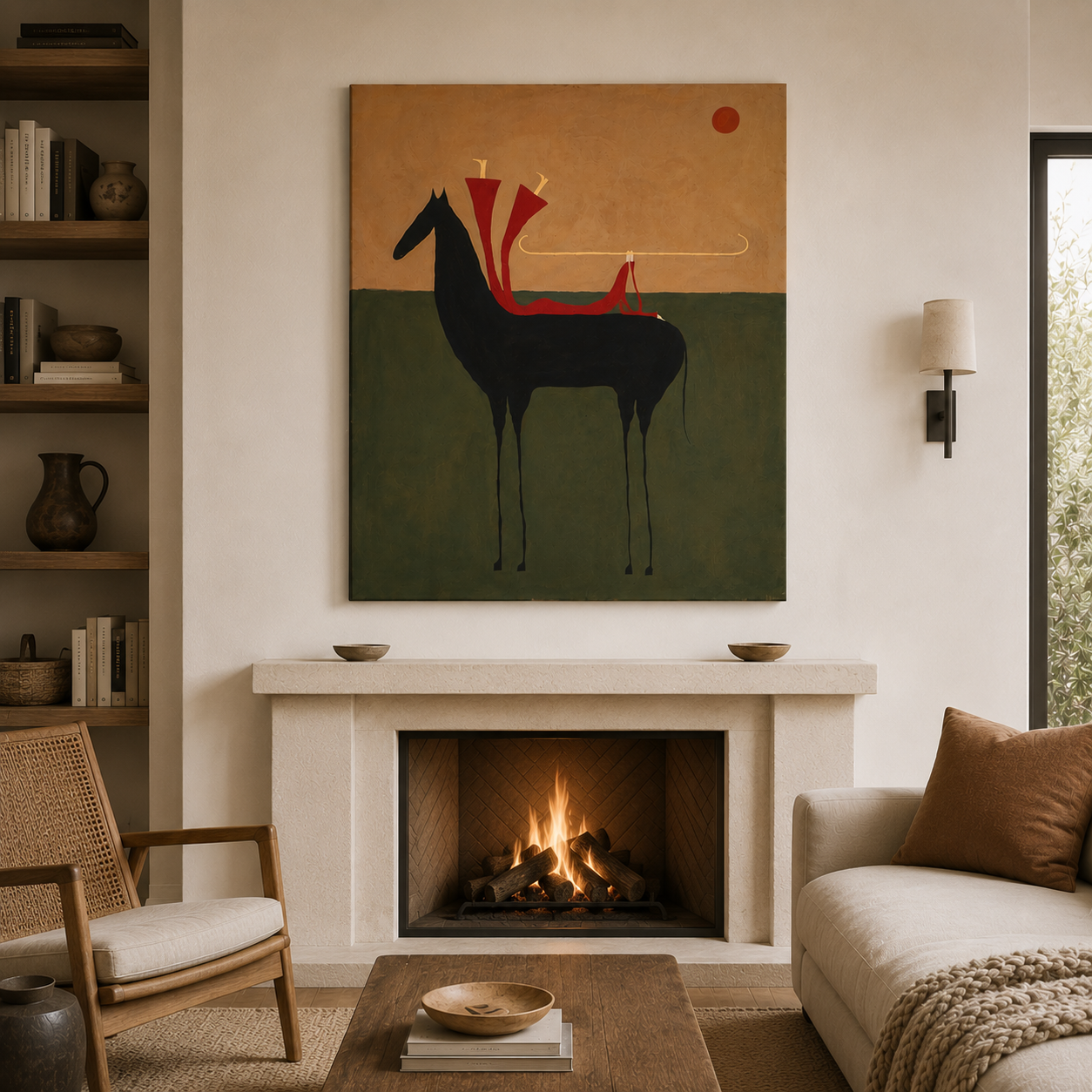 Hand-painted minimalist horse wall art featuring a black horse with a crimson saddle blanket and modern western design for luxury home interiors.