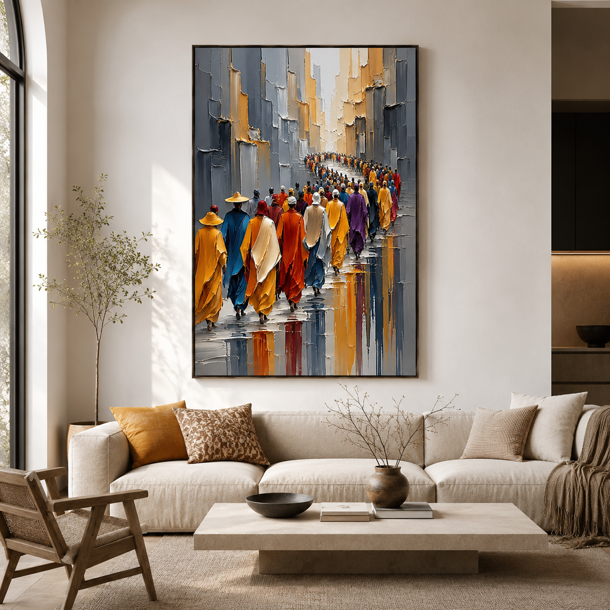 Hand-painted contemporary figurative oil painting featuring colorful people walking through a modern city street with textured brushwork, large statement wall art for contemporary home decor