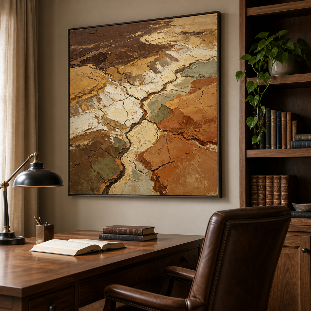 Earth-tone textured abstract wall art featuring cracked geological forms in cream, ochre, rust, olive, taupe, and brown.