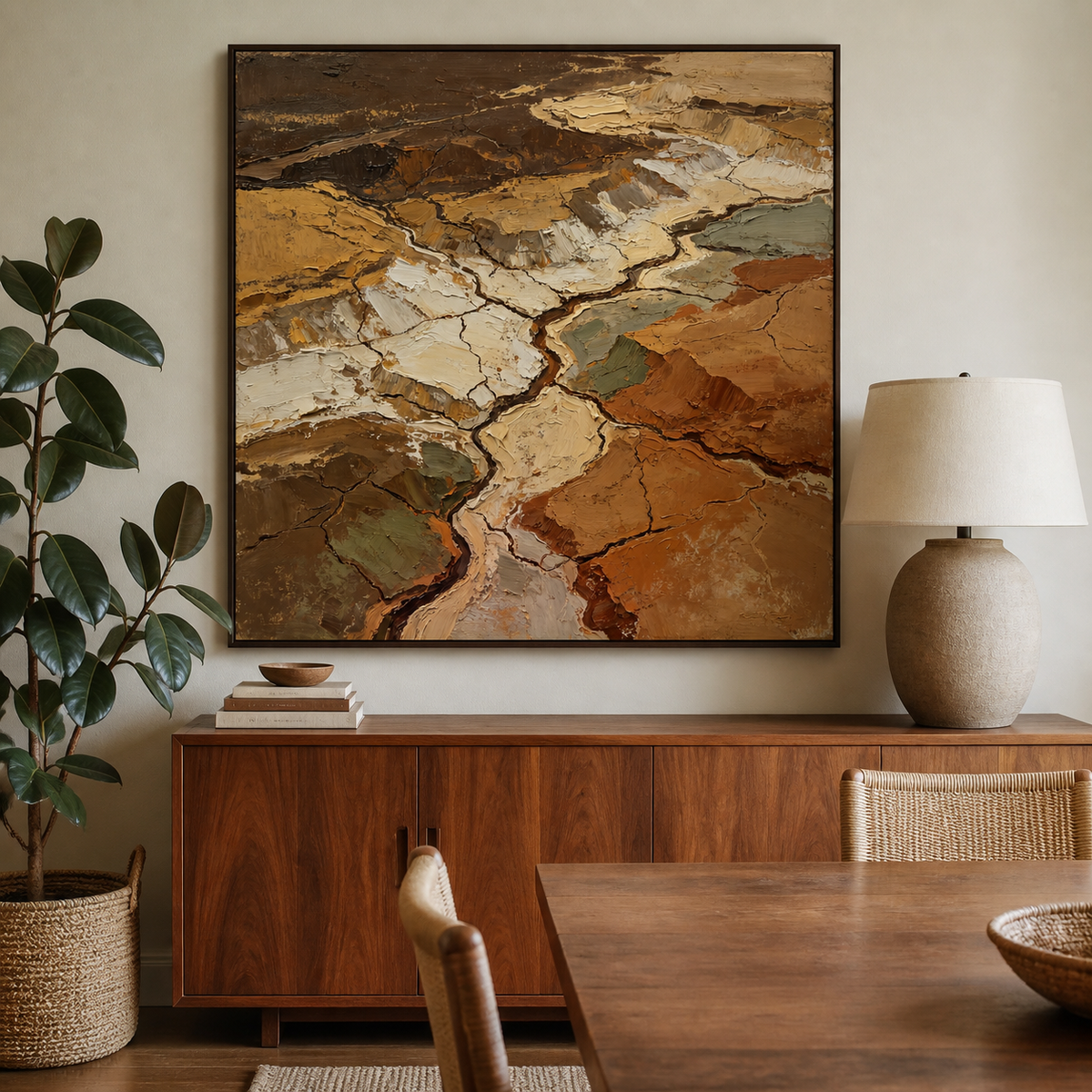 Earth-tone textured abstract wall art featuring cracked geological forms in cream, ochre, rust, olive, taupe, and brown.