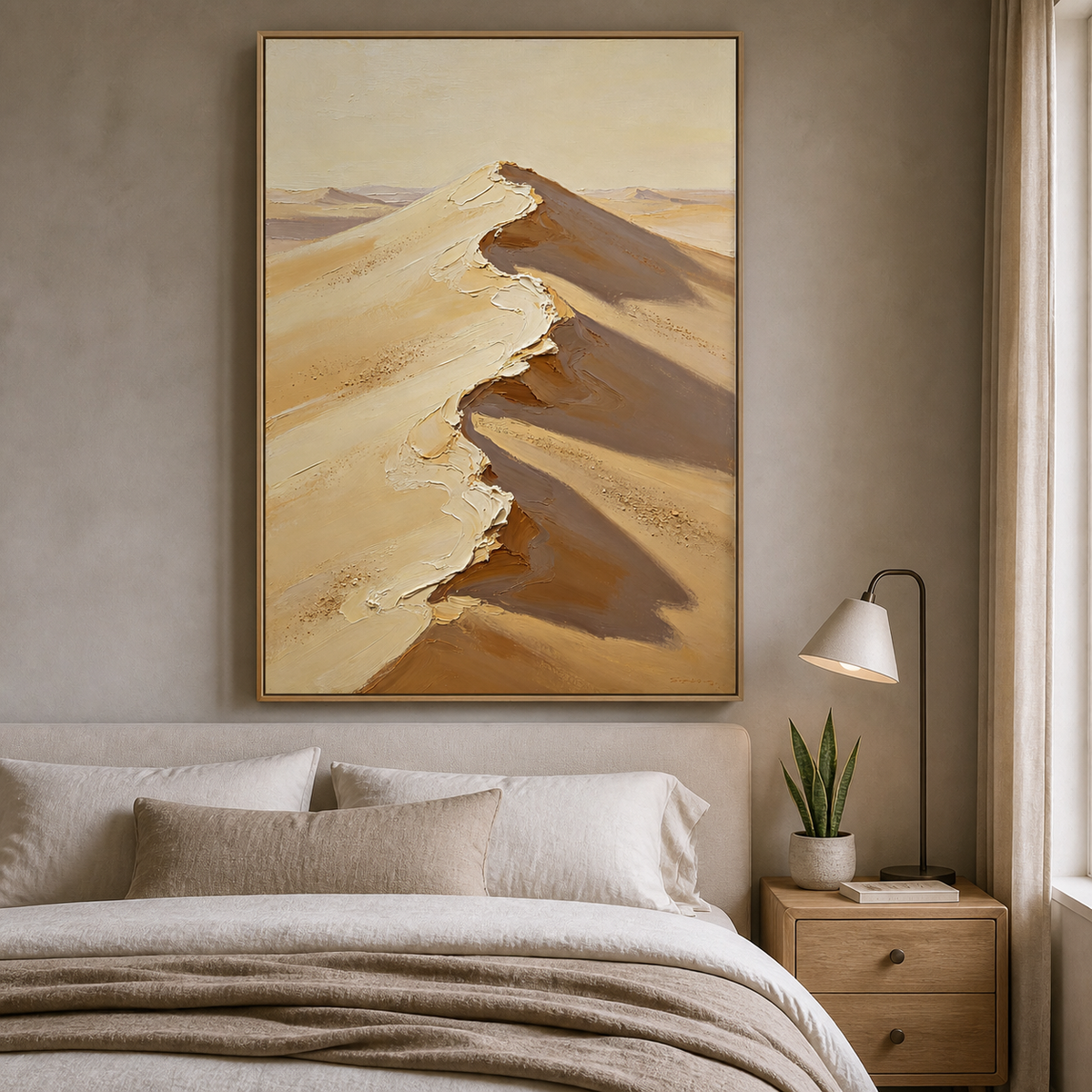 Vertical desert landscape wall art featuring a sunlit sand-dune ridge with cream highlights and deep brown shadows.
