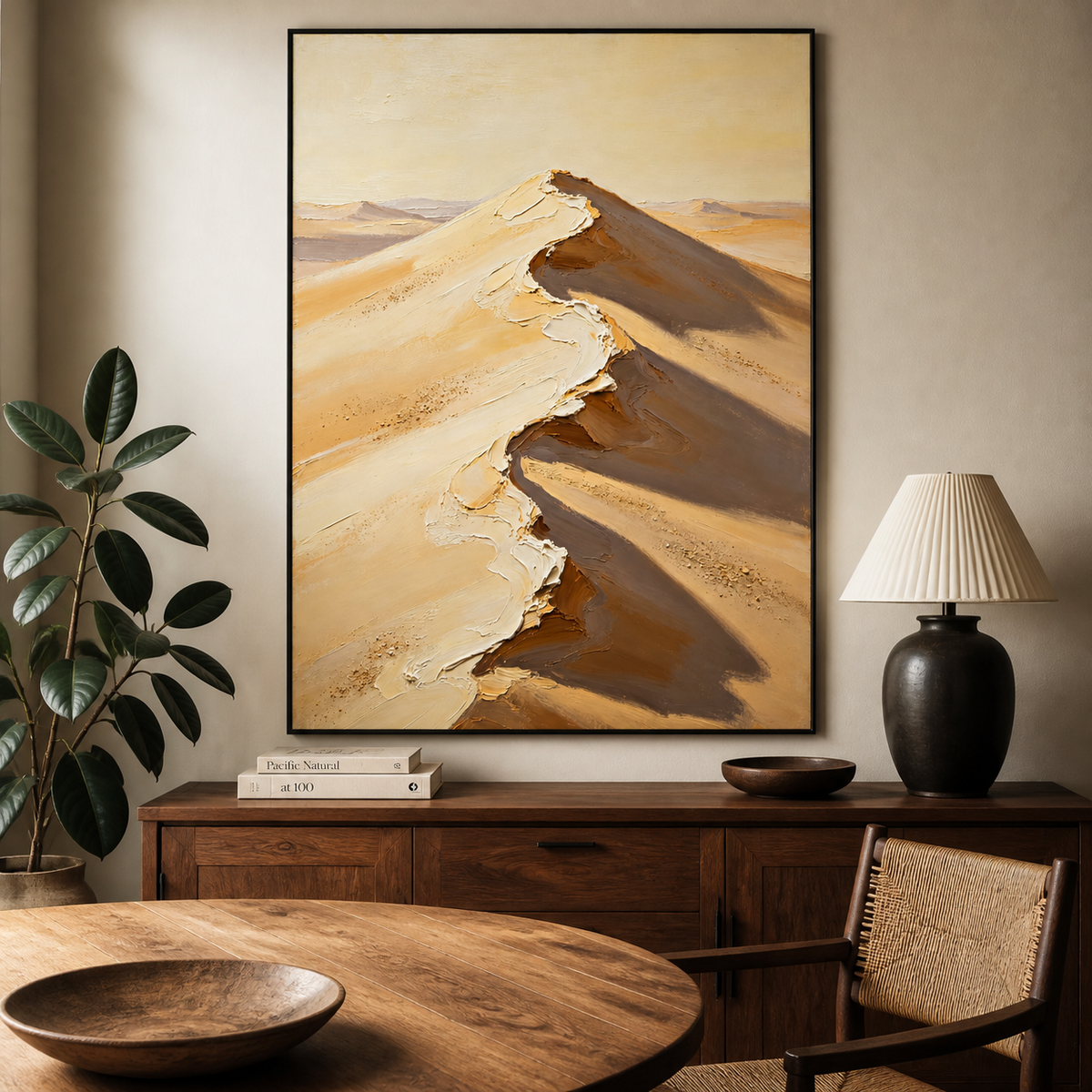 Vertical desert landscape wall art featuring a sunlit sand-dune ridge with cream highlights and deep brown shadows.