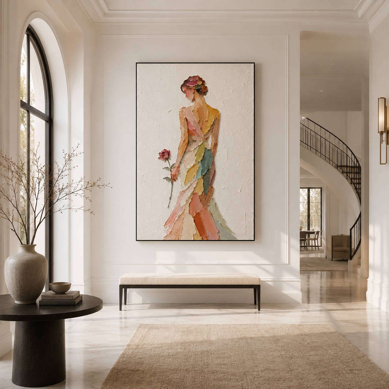Hand-painted elegant woman oil painting featuring an abstract female figure holding a rose with rich palette knife texture, modern figurative wall art for luxury home decor