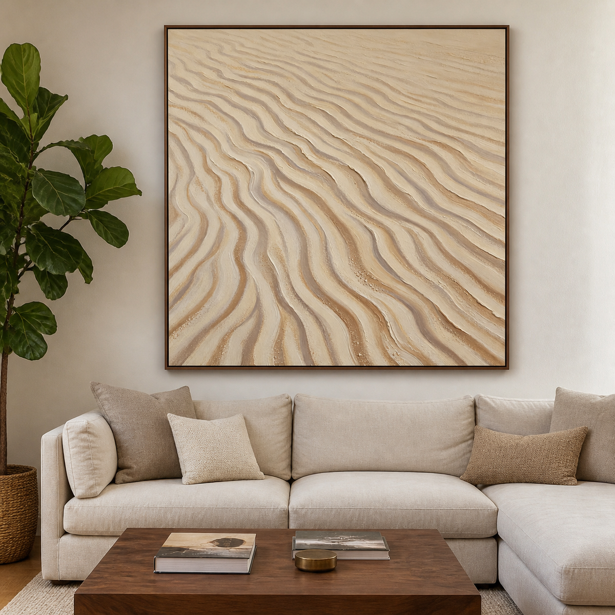 Neutral textured wall art featuring flowing beige, ivory, and taupe lines inspired by ripples in wind-shaped sand.