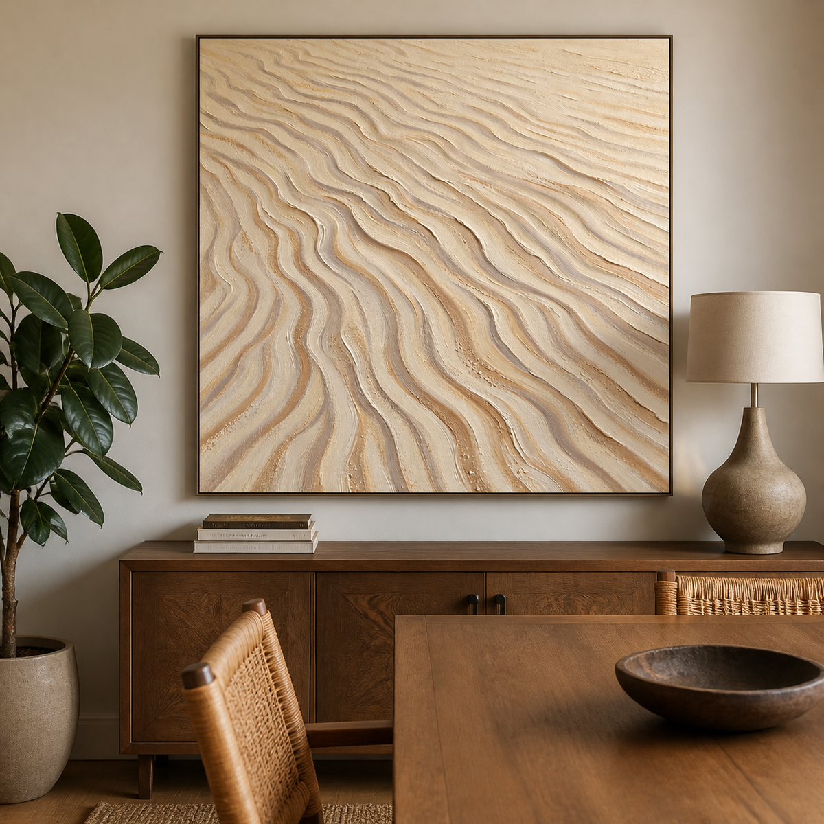 Neutral textured wall art featuring flowing beige, ivory, and taupe lines inspired by ripples in wind-shaped sand.