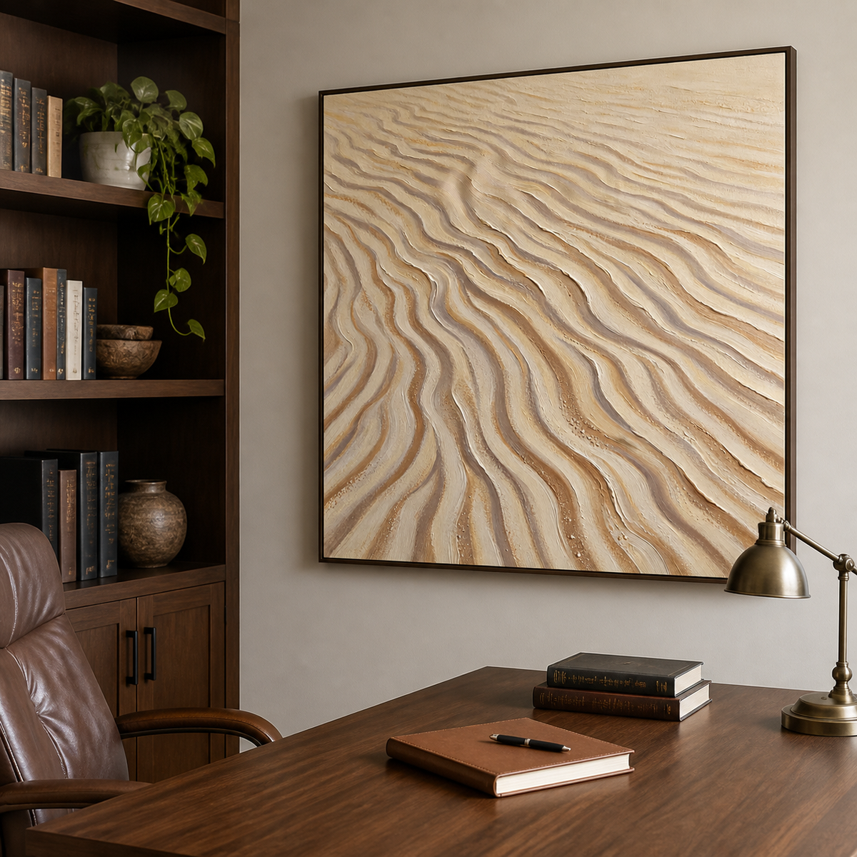 Neutral textured wall art featuring flowing beige, ivory, and taupe lines inspired by ripples in wind-shaped sand.