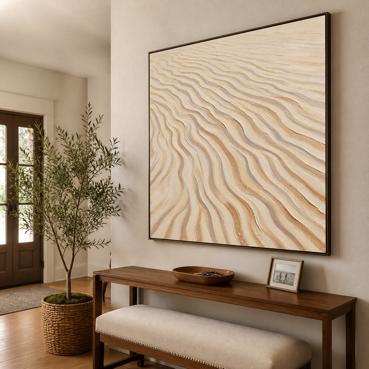 Neutral textured wall art featuring flowing beige, ivory, and taupe lines inspired by ripples in wind-shaped sand.