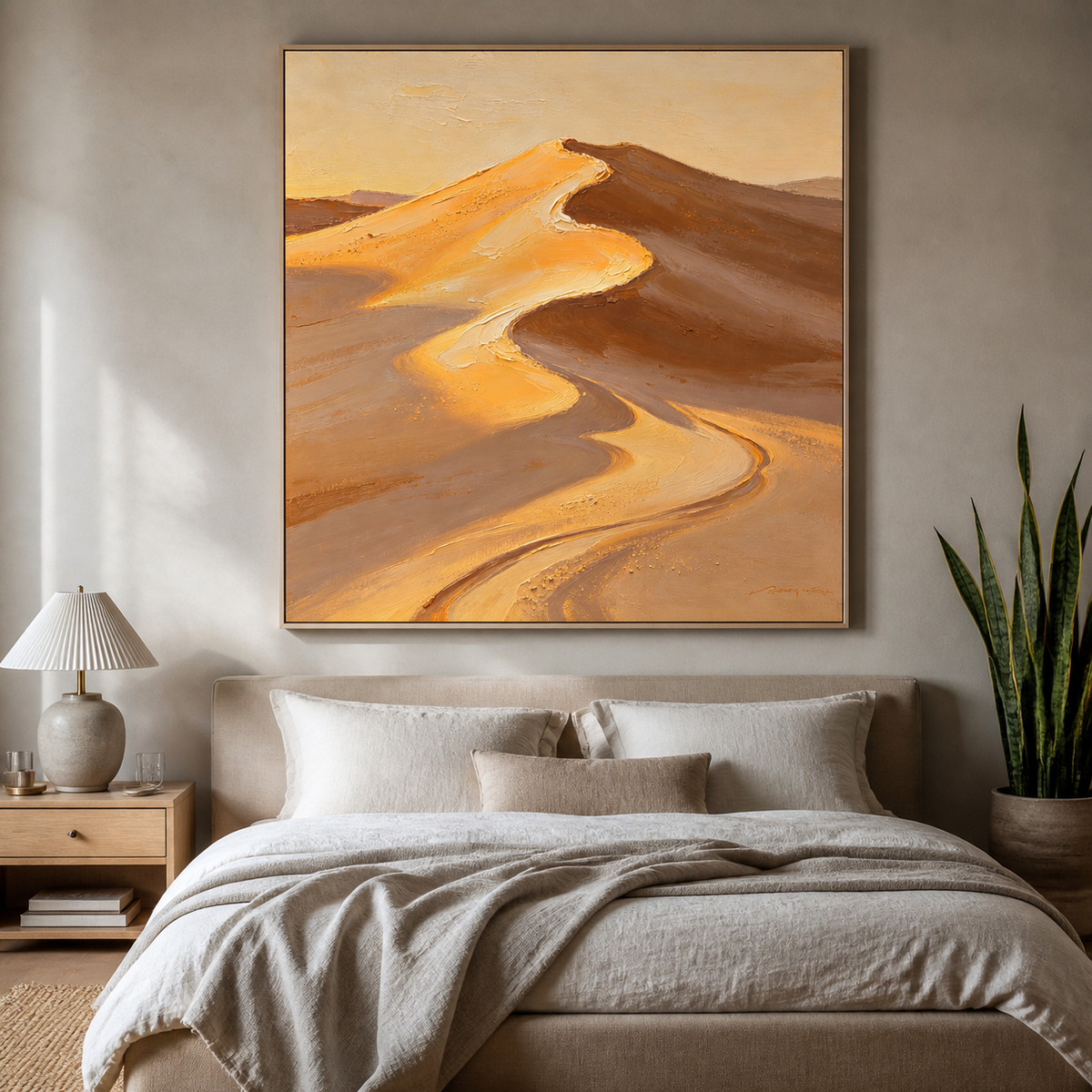 Textured desert landscape wall art featuring sunlit golden sand dunes with flowing beige, caramel, and brown ridges.