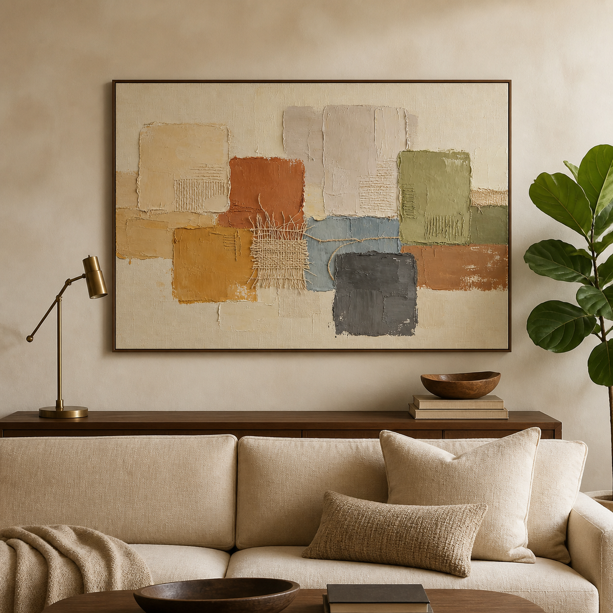 Neutral textured wall art with earth-tone geometric blocks and woven-inspired details displayed above a wooden dining table.