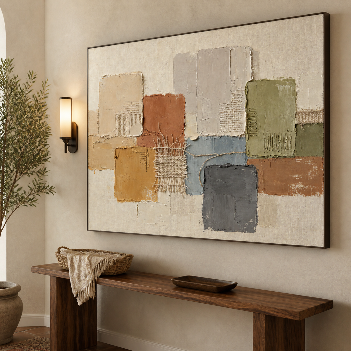 Neutral textured wall art with earth-tone geometric blocks and woven-inspired details displayed above a wooden dining table.