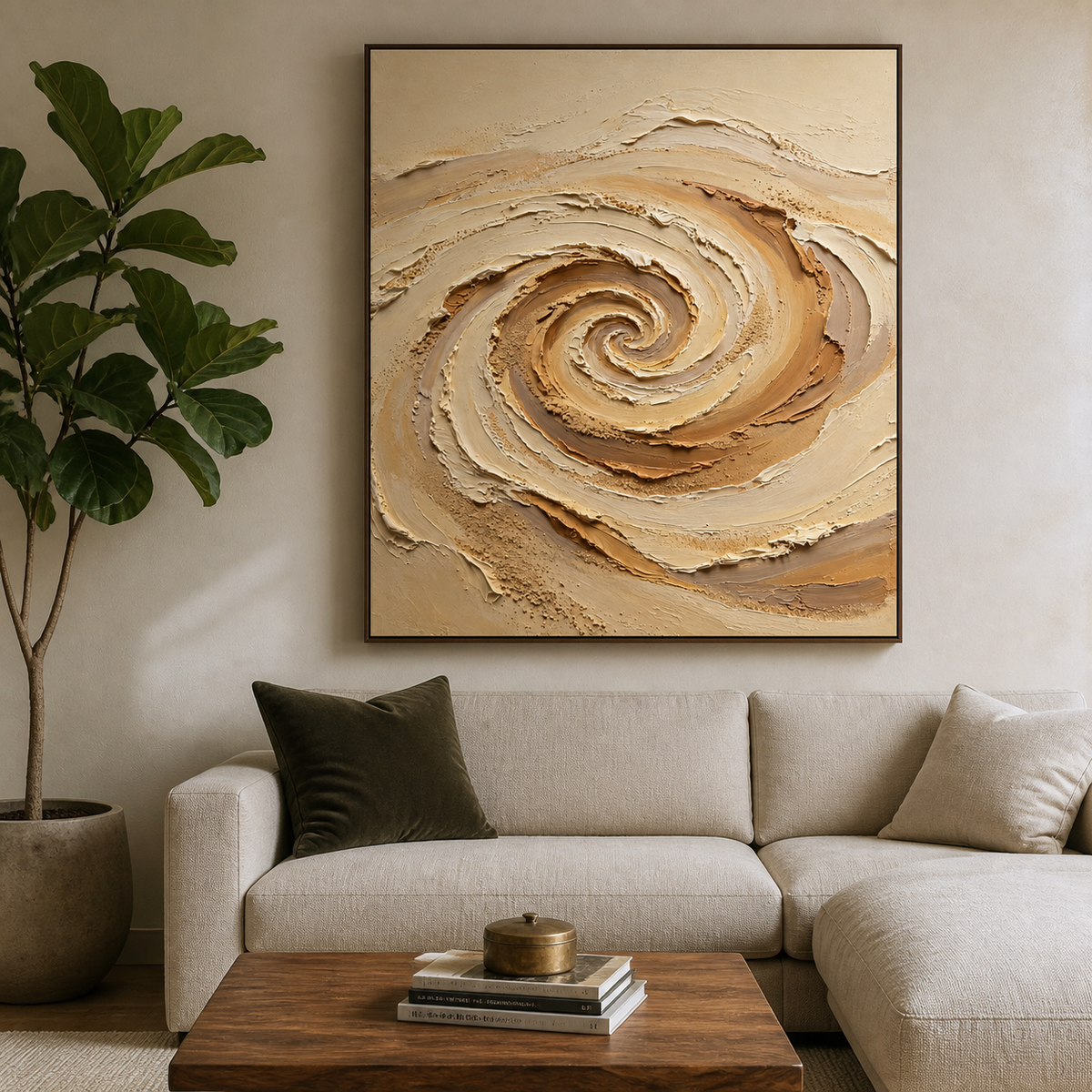 Neutral textured wall art featuring a raised beige, ivory, and taupe spiral with sand-like granular details.