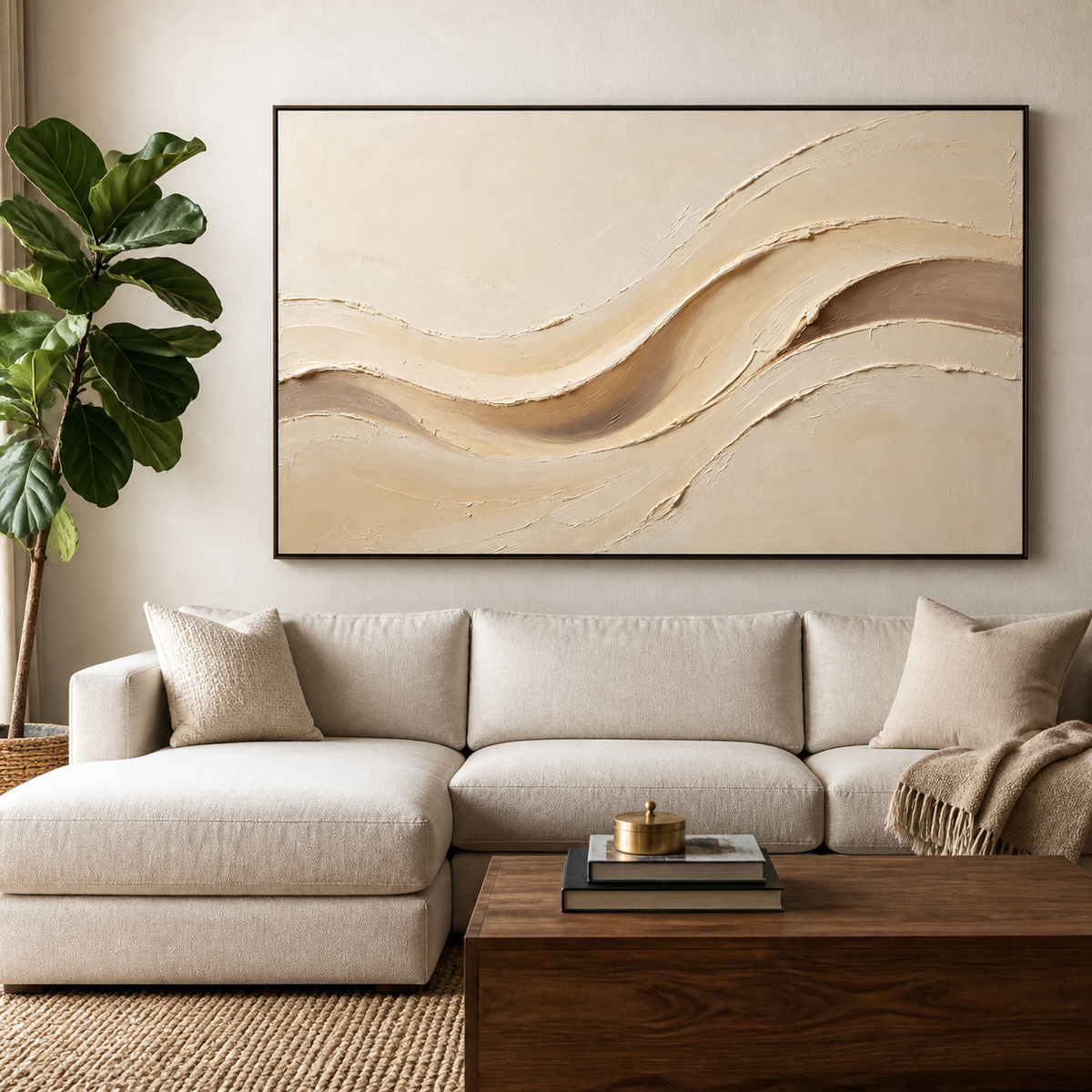 Panoramic neutral textured wall art with raised flowing curves in warm ivory, beige, sand, and taupe.