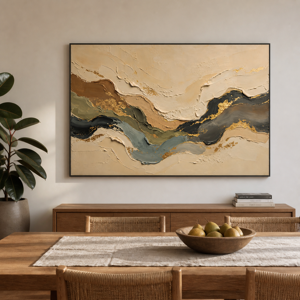 Neutral textured wall art with flowing beige, olive, blue-gray and black layers with gold accents displayed above a wooden dining table.