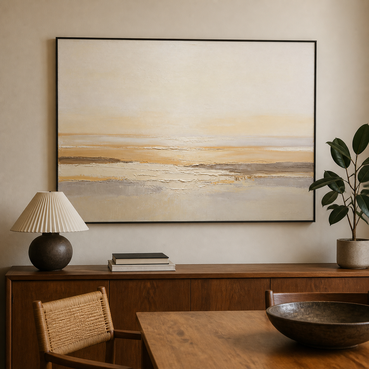 Neutral abstract seascape wall art with layered beige, ivory, taupe, and gray horizontal textures.