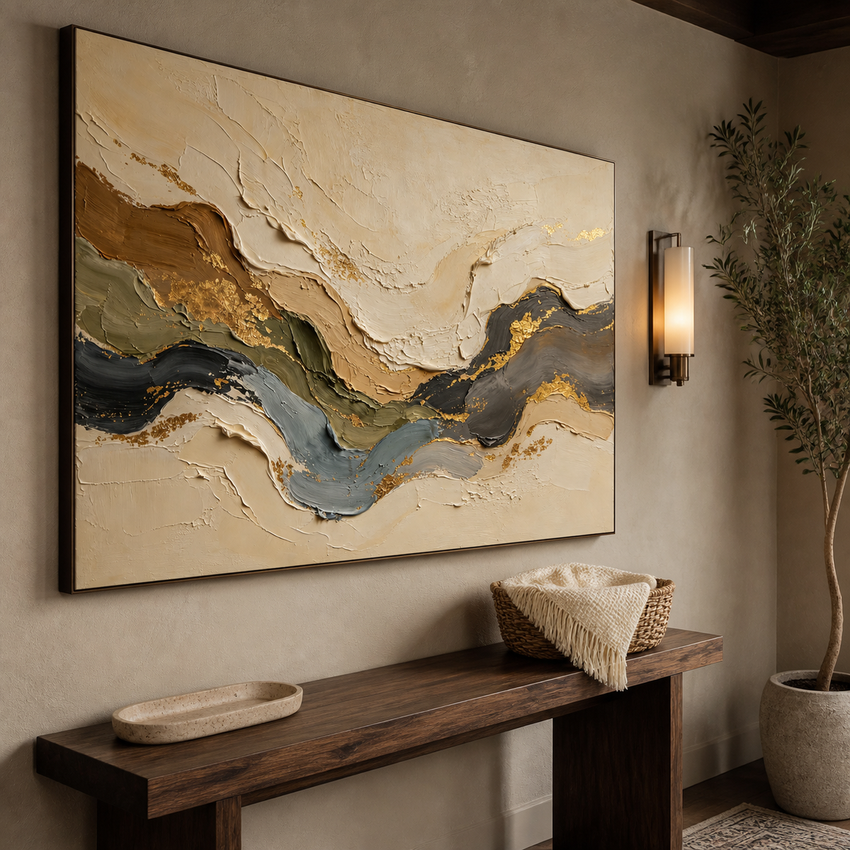 Neutral textured wall art with flowing beige, olive, blue-gray and black layers with gold accents displayed above a wooden dining table.