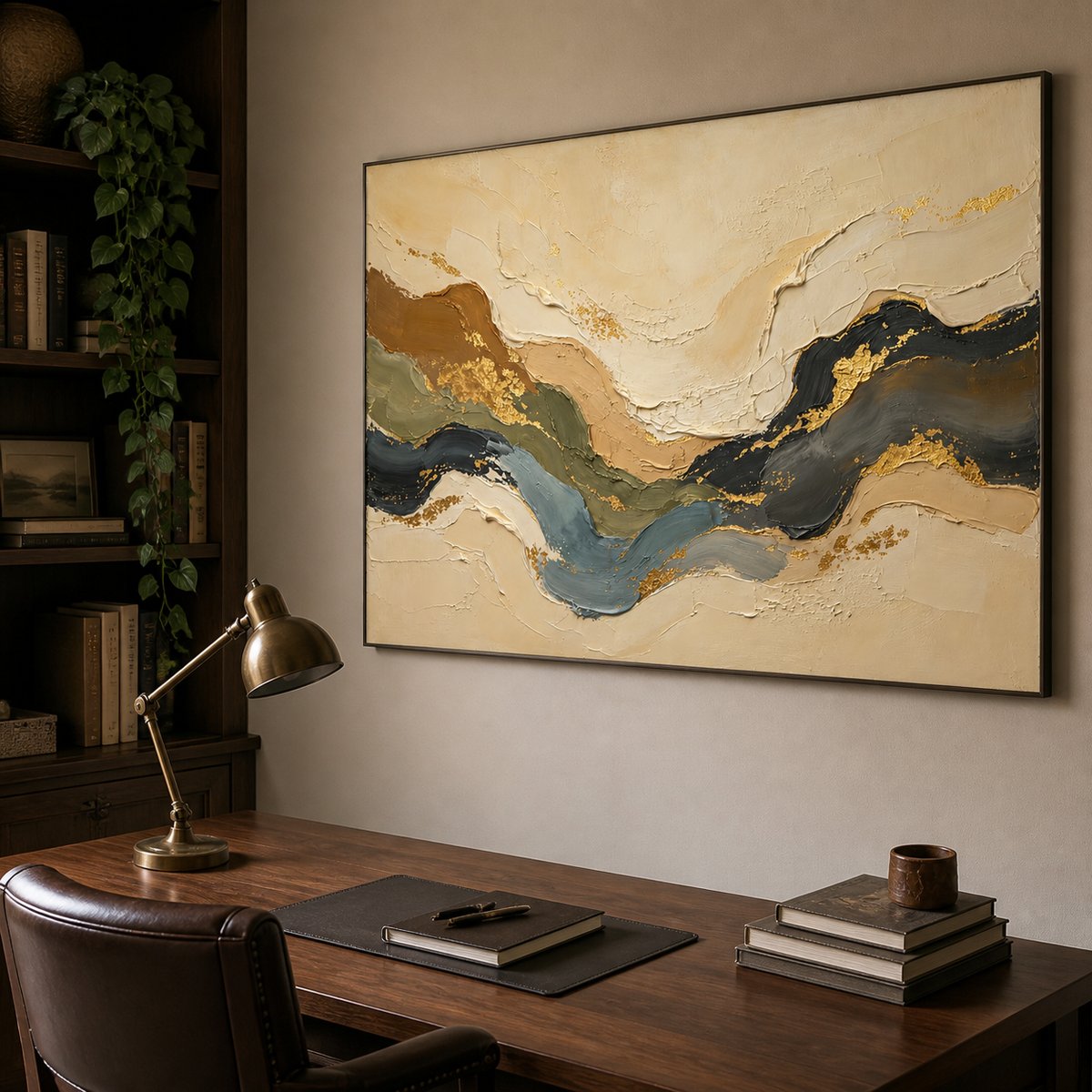 Neutral textured wall art with flowing beige, olive, blue-gray and black layers with gold accents displayed above a wooden dining table.
