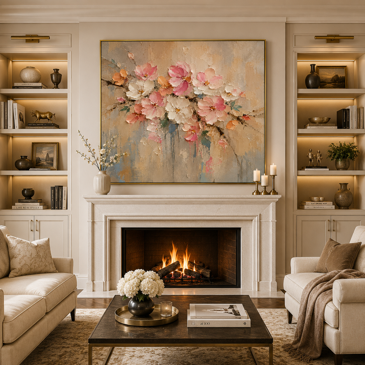 Blush Bloom Serenity – Hand-Painted Cherry Blossom Floral Oil Painting