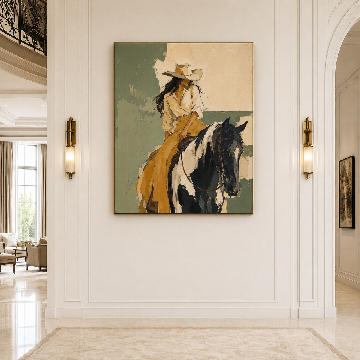 Quiet Horizon | Hand-Painted Cowgirl on Horse Wall Art | Modern Western Equestrian Oil Painting