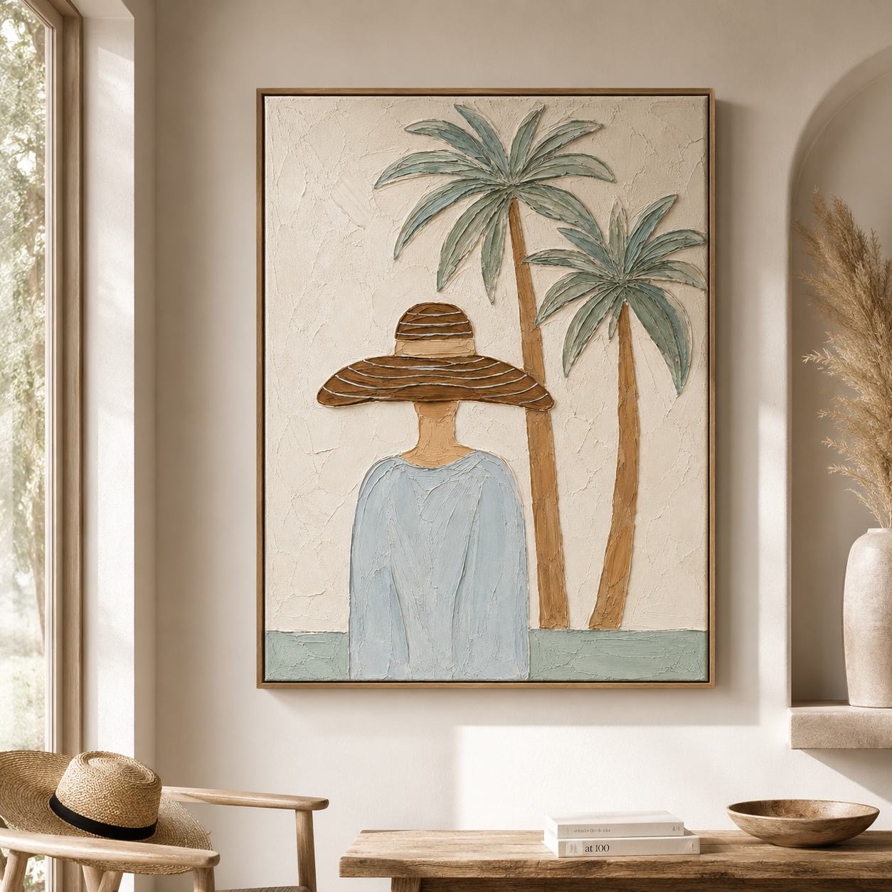 Palm Breeze Serenity – Coastal Figurative Canvas Wall Art, Tropical Woman Painting for Modern Living Room Decor