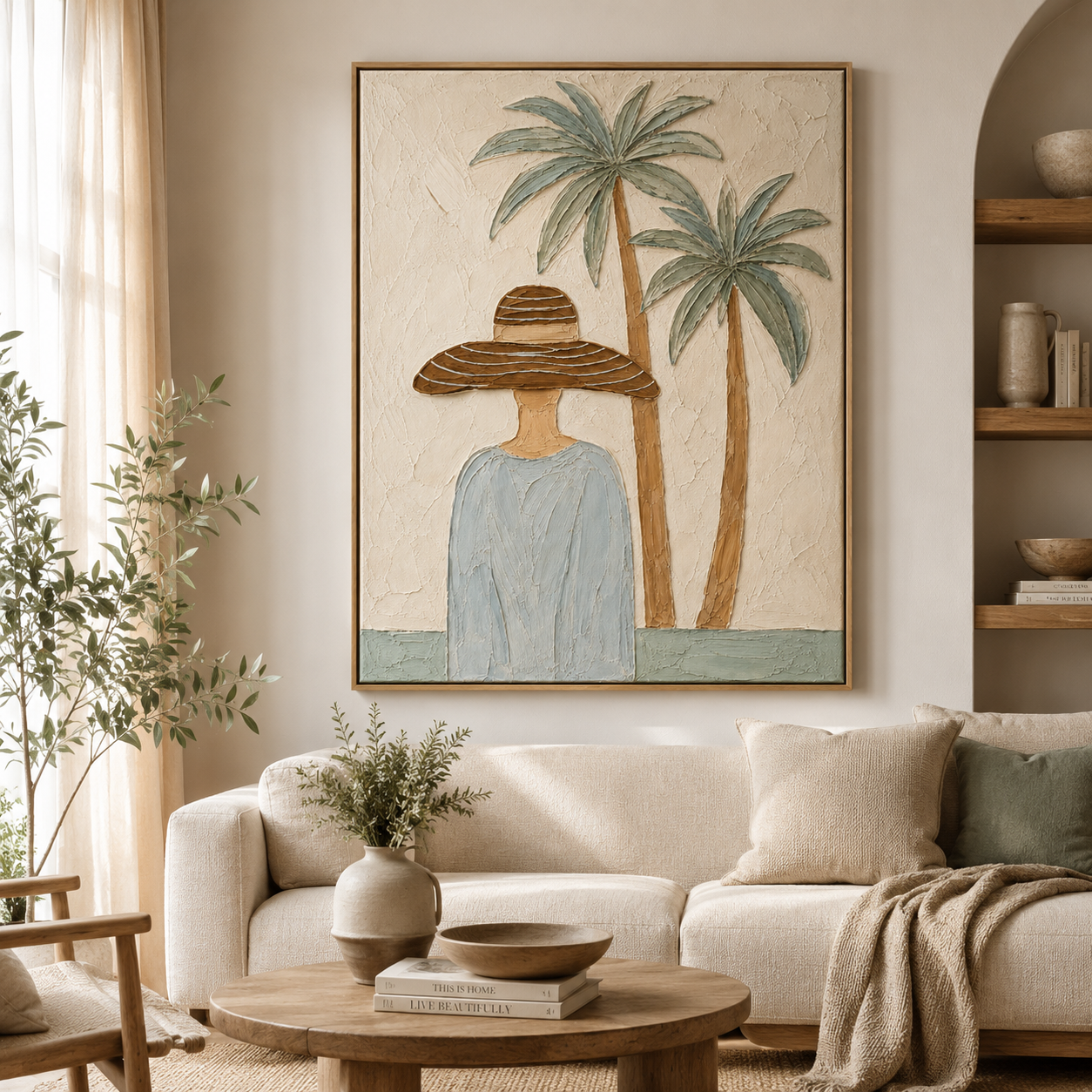 Palm Breeze Serenity – Coastal Figurative Canvas Wall Art, Tropical Woman Painting for Modern Living Room Decor